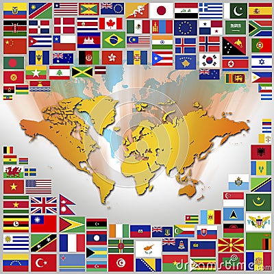 Flags and World Map Stock Photo