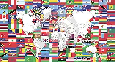 Flags of World and Map of world Cartoon Illustration