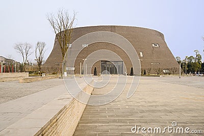 Flagstone paved square before modern building in sunny spring Stock Photo