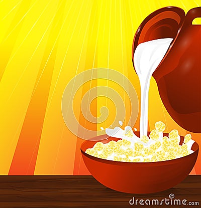 Flakes corn or wheat in a bowl. Milk pouring from the jug a plat Vector Illustration