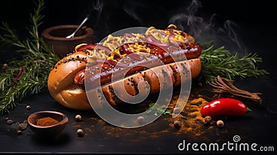 Flamboyant Dark Orange Hot Dog With Spices On A Bun Stock Photo