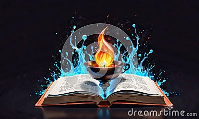 Flamboyant Spellbook with Magical Flames Stock Photo