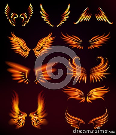 Bird fire wings fantasy feather burning fly mystic glow fiery burn hot art vector illustration on black. Vector Illustration