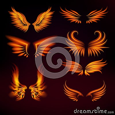 Bird fire wings vector fantasy feather burning fly mystic glow fiery burn hot art wings illustration on black. Vector Illustration