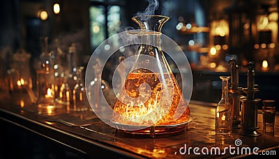 Flame burning glass, liquid pouring, glowing candlelight, whiskey in flask generated by AI Stock Photo