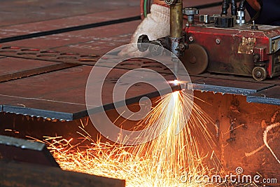 Flame cutting process by oxygen and acetylene cutting machine Stock Photo