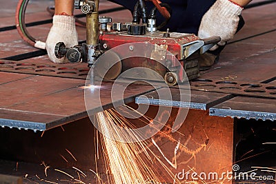 Flame cutting process by oxygen and acetylene cutting machine Stock Photo