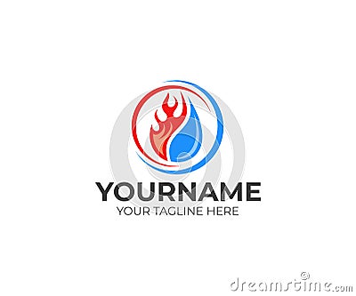 Flame and drop water, cooling and heating logo template. Plumbing, heating, gas supply, air conditioner, service and repair vector Vector Illustration