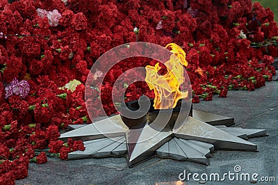 May 9, Victory Day, holiday background. Carnations, eternal flame, a monument - a symbol of May 9, the memory of the war Stock Photo