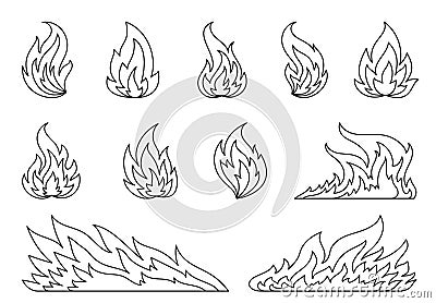 Flame fire line coloring book blaze campfire set Vector Illustration