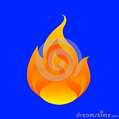 Flame, fireball isolated on blue background, fire burn symbol, flames icon, flaming logo, bonfire blaze illustration, icon Vector Illustration