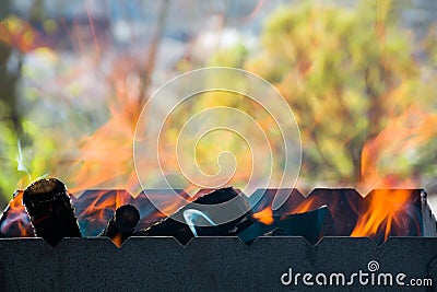 Flame. Firewood burns in the grill Stock Photo