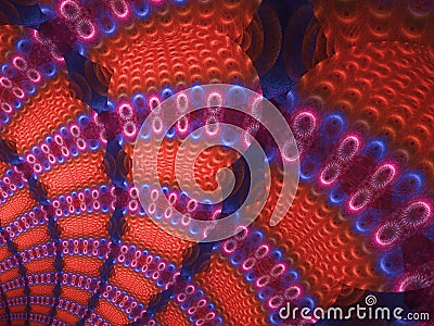 Wall of Curved Red, Blue and Pink Circular Shapes Flame Fractal Stock Photo