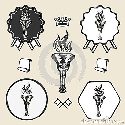 Flame torch vintage symbol emblem label collection Vector Illustration