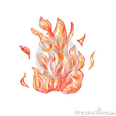 Flame watercolor illustration, red fire, bonfire isolated Cartoon Illustration