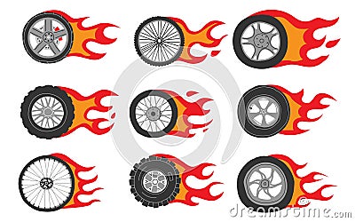 Flame wheels. Doodle car motorcycle and bicycle tires with dynamic fire. Isolated burning automobile circles for Vector Illustration