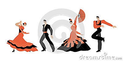 Flamenco collection. Set of vector illustrations of men and women dancing traditional spanish dances. Couples in folk costumes Vector Illustration