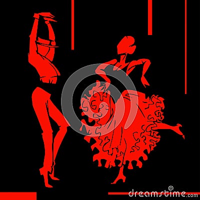 Flamenco couple dancer, hand draw silhouette Vector Illustration