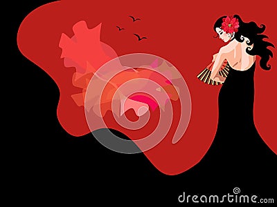 Flamenco dancer with fan in her hand, dressed in black dress, the hem of which turns into mountains. Red manton flies like a bird Vector Illustration
