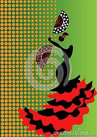 Flamenco dancer, silhouette beautiful Spanish woman in long dress with fan Vector Illustration