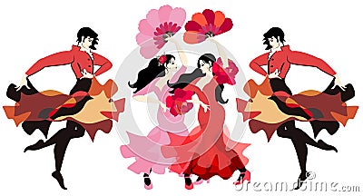 Flamenco dancers, isolated on white background in vector. Women dressed in long dresses and with fans in their hands, and men Vector Illustration
