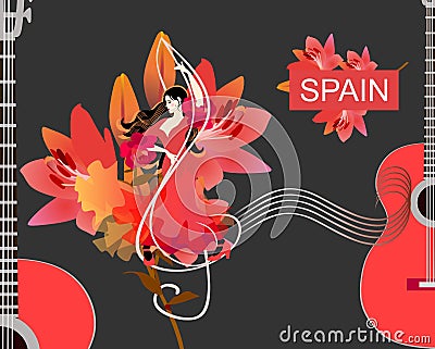 Flamenco girl dancer in red dress, treble clef and musical rulers, guitars silhouettes and large lilies flowers Vector Illustration