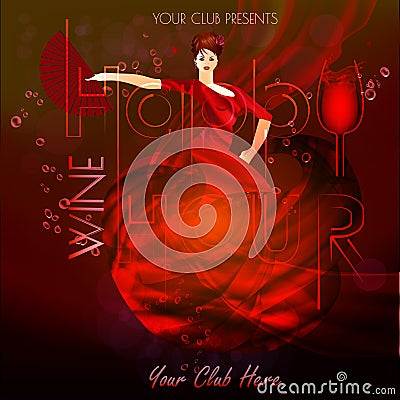 Flamenco. Taste of Spain. Sexy DANCING flamenco lady. Spanish red wine happy hour on mesh background. Vector Flyer for your design Vector Illustration