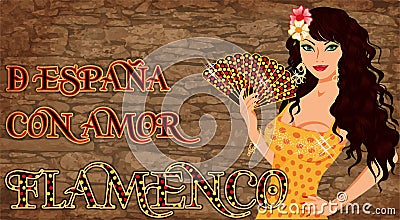 Flamenco.Translation is From Spain with Love. Spanish girl with fan. Invitation card. vector Vector Illustration