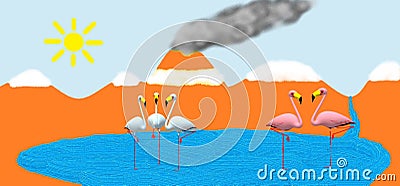 Flamengos in lake tropical nature Cartoon Illustration