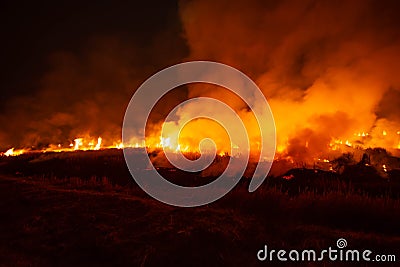 The flames burn in the dry fields and straw at night, the smog problem and global warming in Southeast Asia, Stock Photo