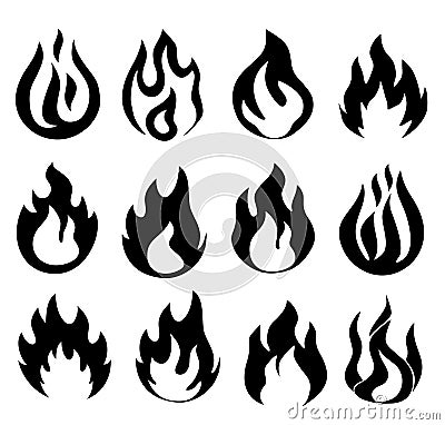 Flames icons. Flame silhouettes. Black firing icons, warning symbols isolated on white. Burning vector emblems. Vector Illustration