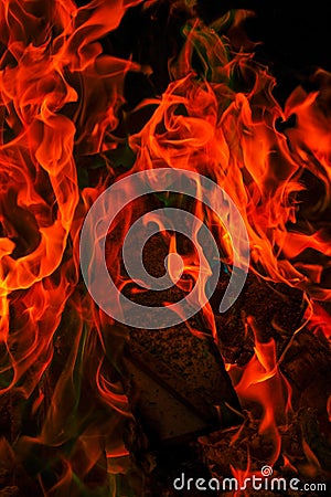 flames wallpaper. Variegated flames and colorful sparks.Multicolored flame.Firewood burning in bonfire.Burning bonfire Stock Photo