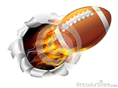 Flaming American Football Ball Tearing a Hole in the Background Vector Illustration