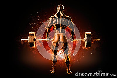 Flaming athlete with a barbell. View from the back Stock Photo