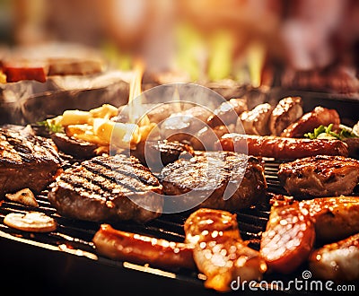 Sizzling BBQ Delight: Grilled Sausages & Steaks - Generative AI Stock Photo