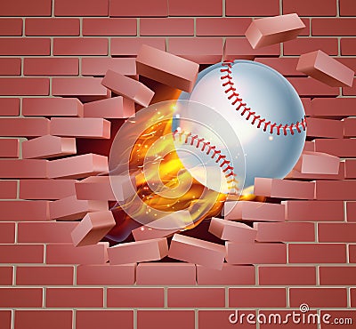 Flaming Baseball Ball Breaking Through Brick Wall Vector Illustration