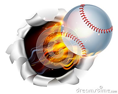 Flaming Baseball Ball Tearing a Hole in the Background Vector Illustration