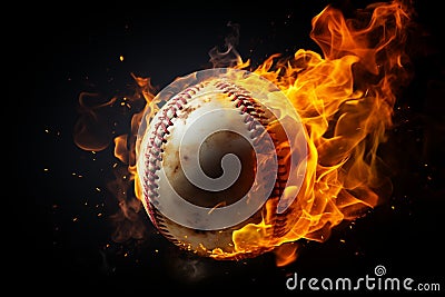Flaming baseball in the darkness A fiery spectacle against a black backdrop Stock Photo