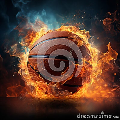 Flaming basket charge, Intense ball movement as hoop ignites in basketball Stock Photo