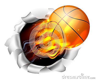 Flaming Basketball Ball Tearing a Hole in the Background Vector Illustration