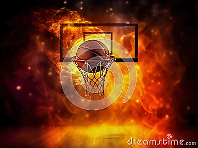 Flaming basketball going into a basketball net. Generative AI Cartoon Illustration