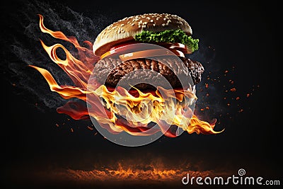 A flaming beef burger in a bun flying on a dark background. Generative ai Stock Photo