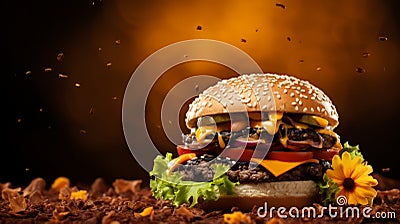 Flaming Burger: A Majestic Composition With Sunflower Seeds Crumbly Photography Stock Photo