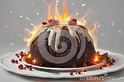 flaming christmas pudding with brandy butter Stock Photo