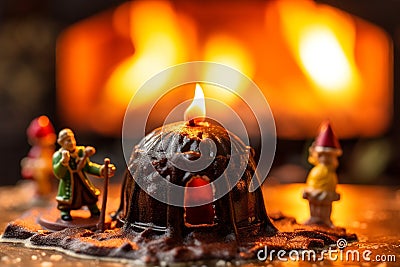 Flaming Christmas Pudding and Holiday Spirit Stock Photo