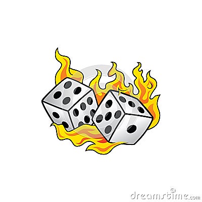 Flaming on fire burning white dice risk taker gamble art Vector Illustration