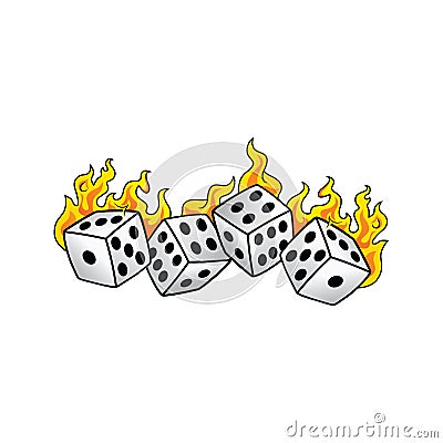 Flaming on fire burning white dice risk taker gamble art Vector Illustration