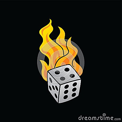 Flaming on fire burning white dice risk taker gamble art Vector Illustration