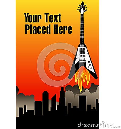 Flaming guitar over cityscape Vector Illustration