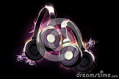 Flaming headphones. Musical concept Cartoon Illustration